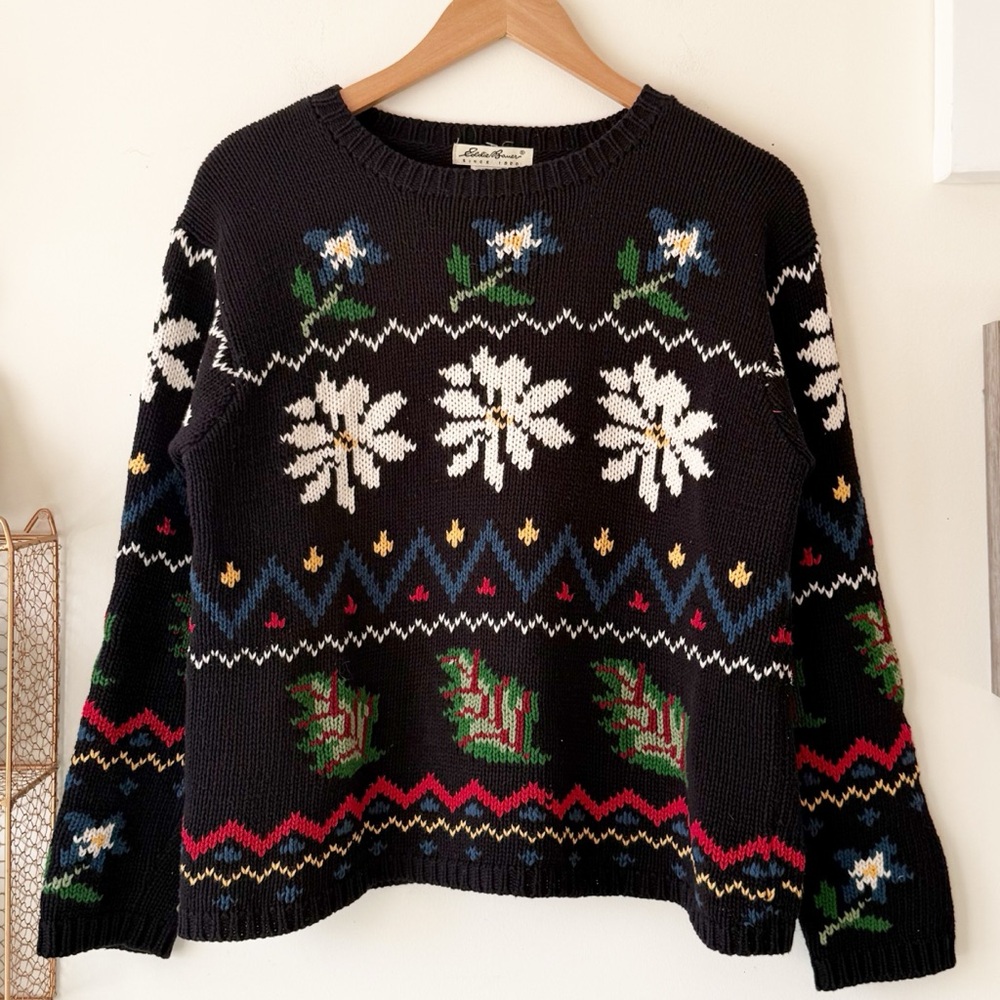 Eddie Bauer 90s Vintage Folk Art Floral Cotton Sweater Made in Hong Kong Size S - Picture 6 of 14